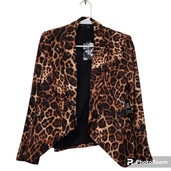 Express Leopard Print Peak Lapel Double Breasted Wrap Front Blazer Size 2 New - Picture 1 of 9